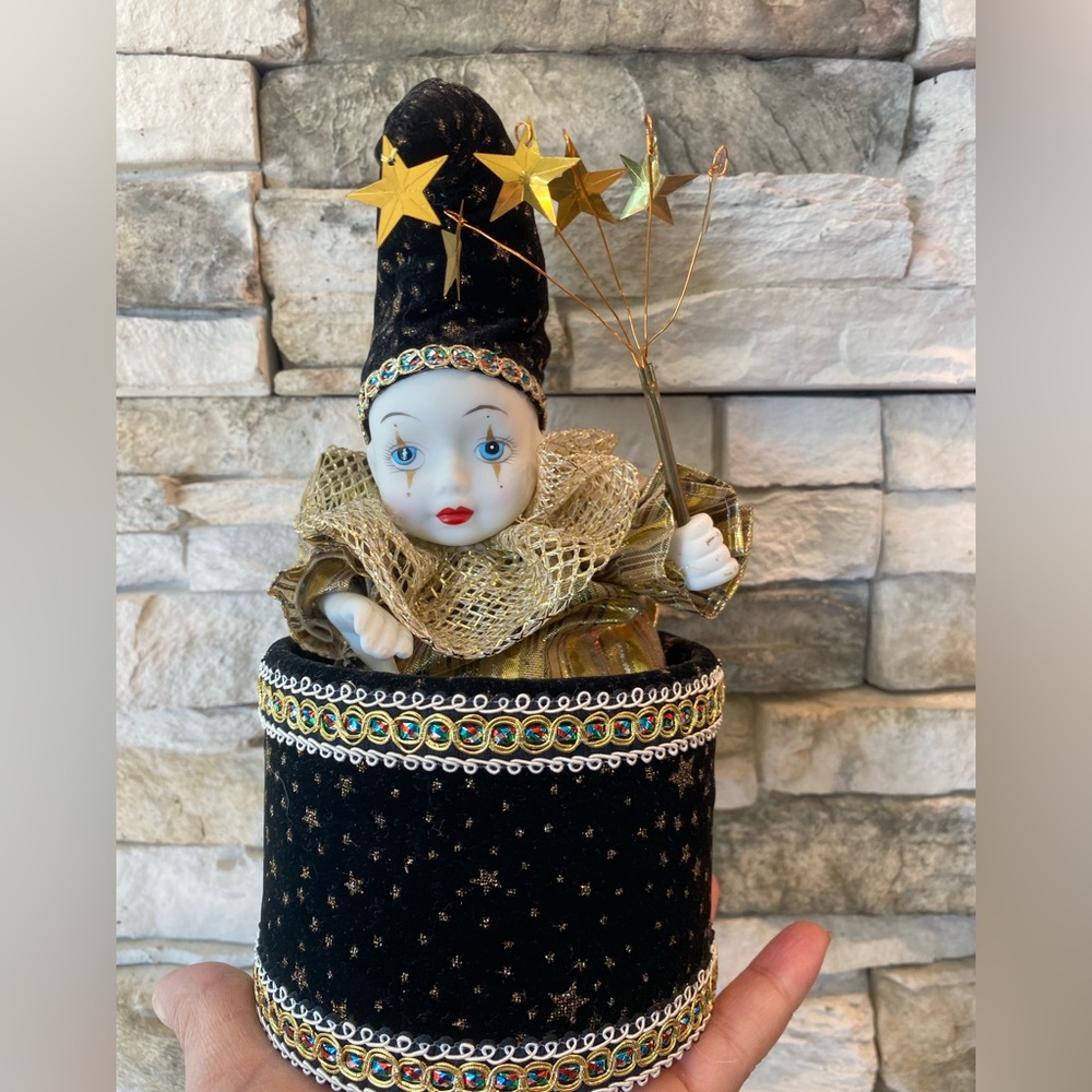Jester Celestial Clown Animated Music Drum Box Back Gold Brocade Whimsical 80’s